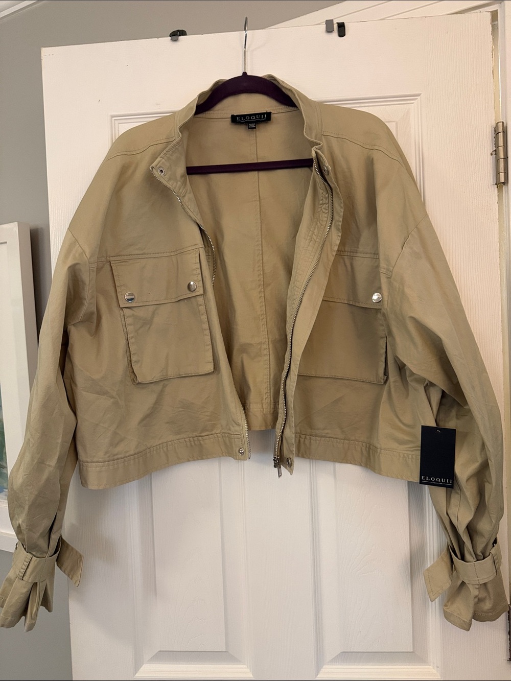 Eloquii Cropped Utility Jacket in Tan